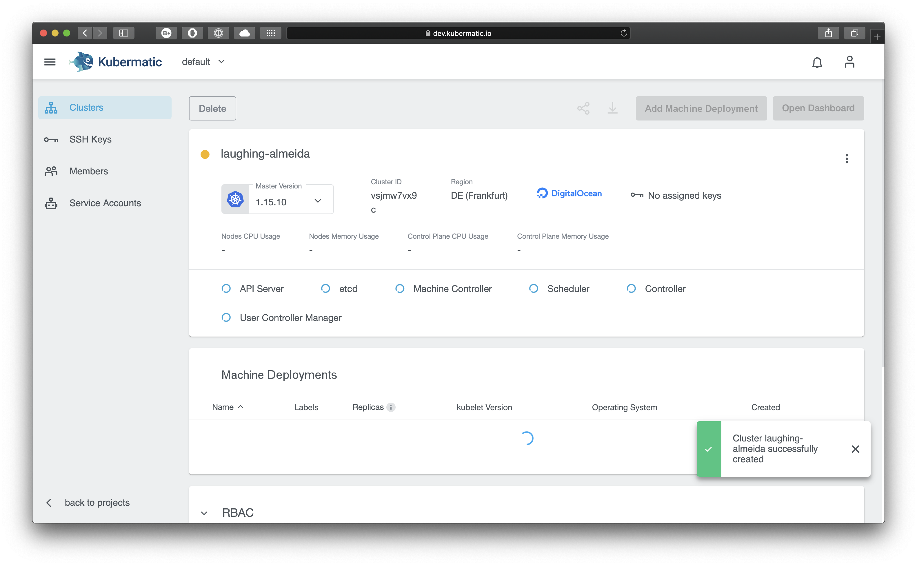 Cluster details in creation state