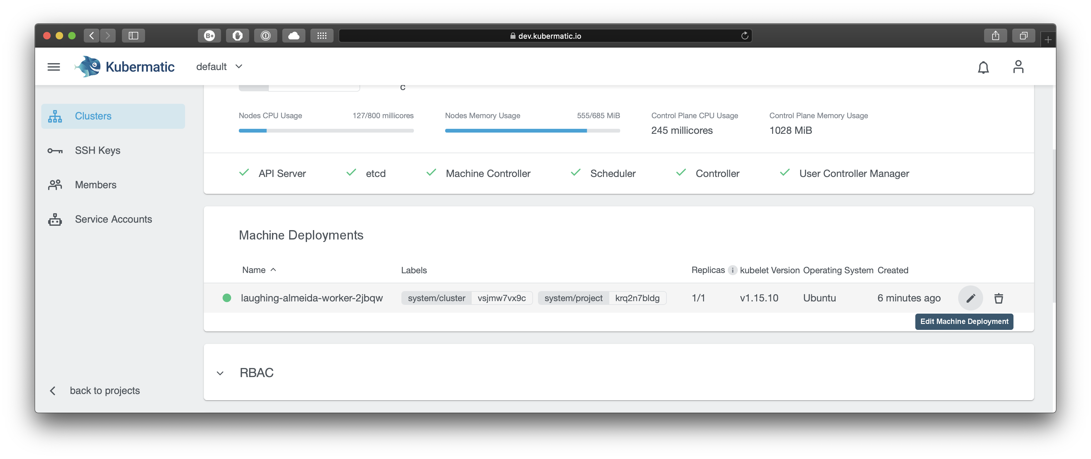 Machine deployment overview with highlighted edit button