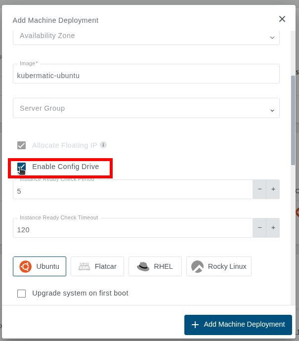 Enable Config Drive From Add MD Dialog